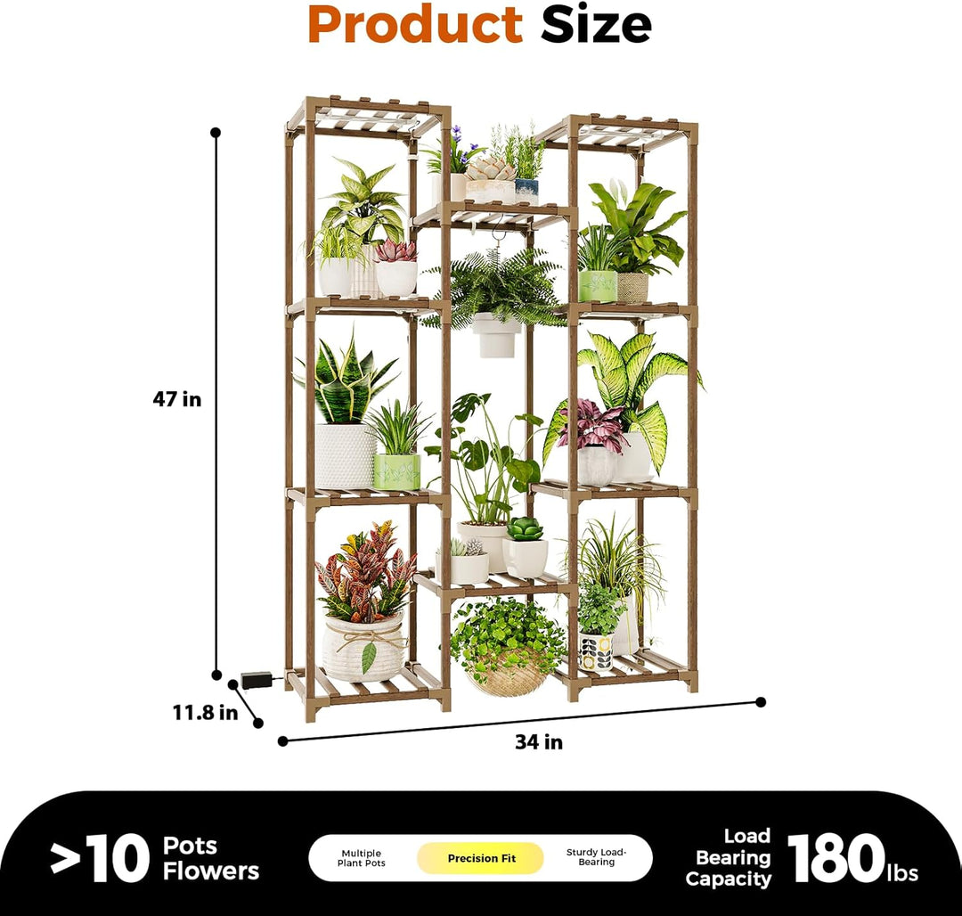 Bamworld Blumenständer mit Pflanzenlampe Pflanzenregal aus Holz mit LED Grow Light, Pflanzenständer