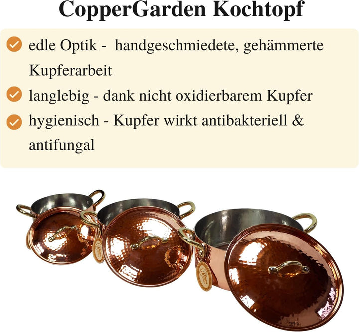 CopperGarden Kupfertöpfe 3er Set mit Deckel & Messinggriffe I Gehämmerte Kupferkochtöpfe: Ideale Wär