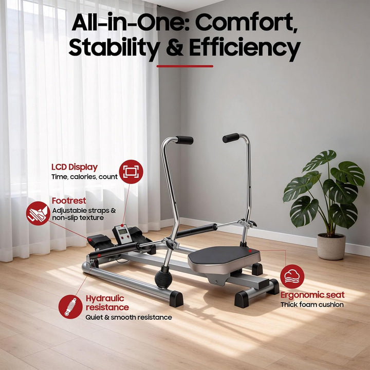 Hydraulisches Fitness-Rudergerät aus Stahl, Faltbar Rudergerät für Zuhause mit LCD Display, Maximale