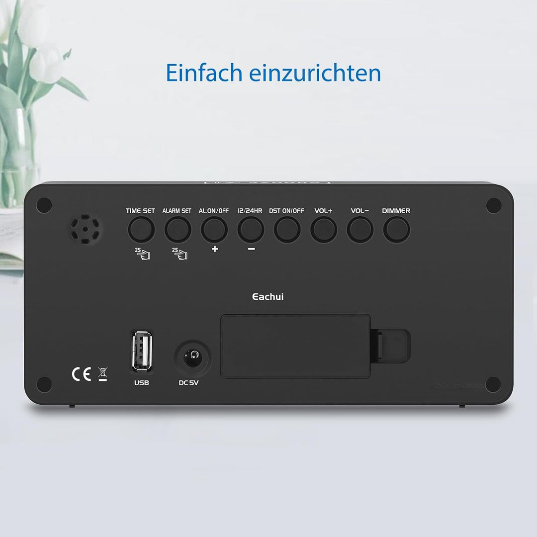 Eachui LED Wecker Digital mit Ladestation, Wecker mit Grossen Zahlen, Helligkeit und Lautstärke Rege