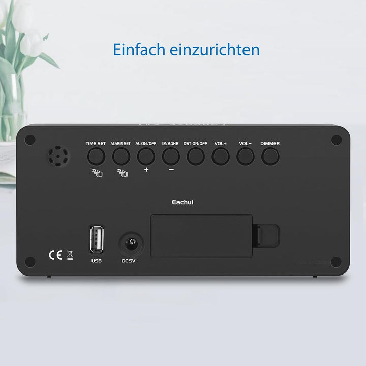 Eachui LED Wecker Digital mit Ladestation, Wecker mit Grossen Zahlen, Helligkeit und Lautstärke Rege