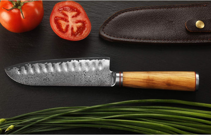YOUSUNLONG Damastmesser Santokumesser, Klinge 17,00 cm Länge mit schwarzem Hammerschlag - sehr hochw