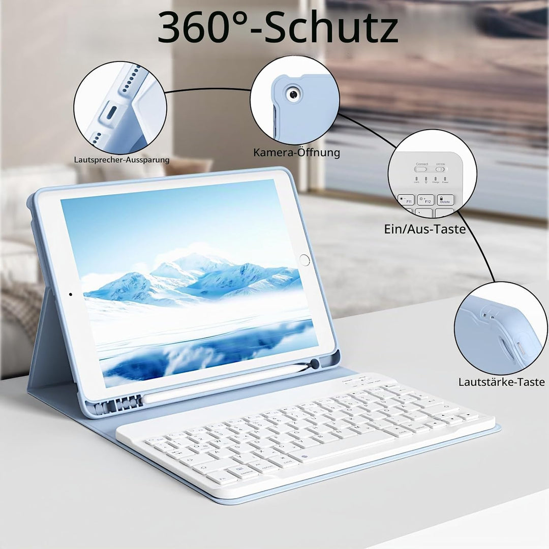 Hülle mit Tastatur für iPad 9./8./7. Generation 10,2 Zoll 2021/2020/2019, Abnehmbare kabellose Keybo