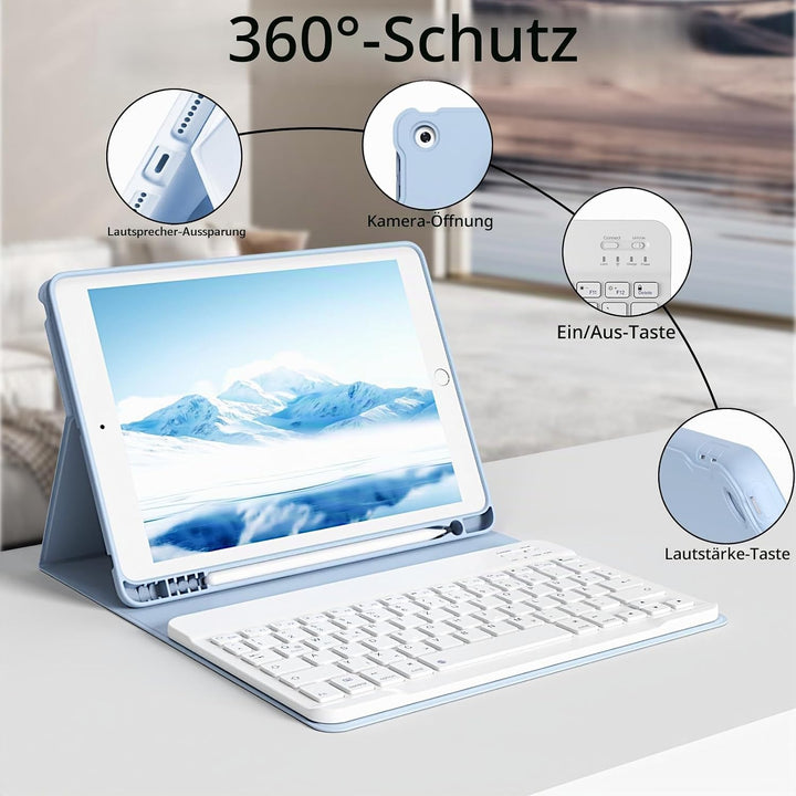 Hülle mit Tastatur für iPad 9./8./7. Generation 10,2 Zoll 2021/2020/2019, Abnehmbare kabellose Keybo