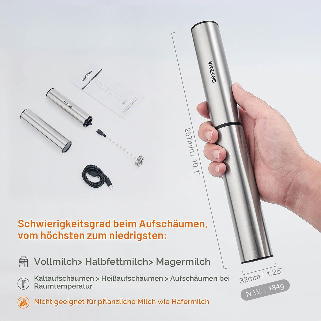 GRIFEMA Milchaufschäumer Stab Elektrisch, Tragbar Milk Frother Aufladbar, 13000 U/min, handmilchaufs