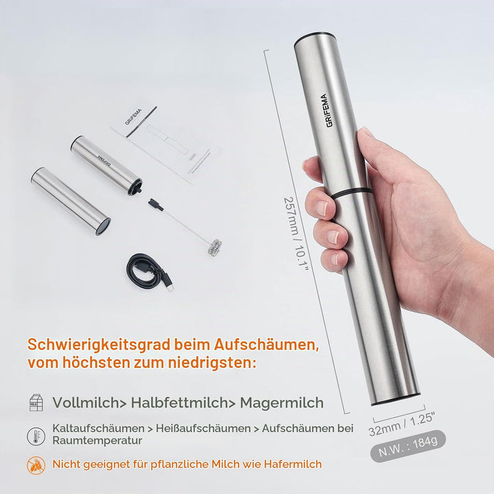 GRIFEMA Milchaufschäumer Stab Elektrisch, Tragbar Milk Frother Aufladbar, 13000 U/min, handmilchaufs