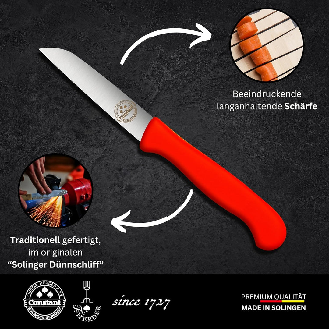 4er Set Gemüsemesser scharf Küchenmesser neon-rot Schälmesser Solingen rostfrei 8 cm/Handabzug - Dün