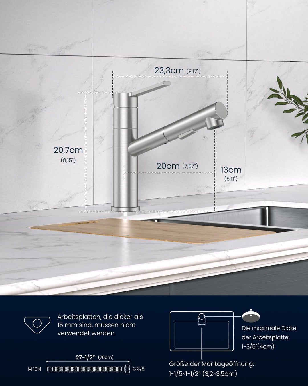 DAYONE Küchenarmatur mit Ausziehbarer Brause, SUS304 Edelstahl Hochdruck Wasserhahn Küche, Spültisch
