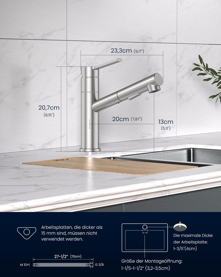 DAYONE Küchenarmatur mit Ausziehbarer Brause, SUS304 Edelstahl Hochdruck Wasserhahn Küche, Spültisch