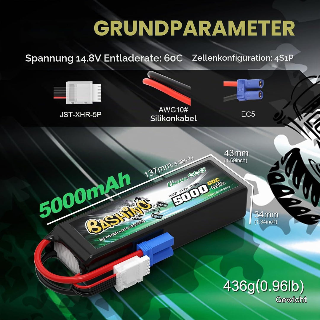Gens Ace 4S LiPo Akku 5000mAh 14.8V 60C mit EC5 Steck Bashing Batterie für RC Auto, RC Flugzeug, RC