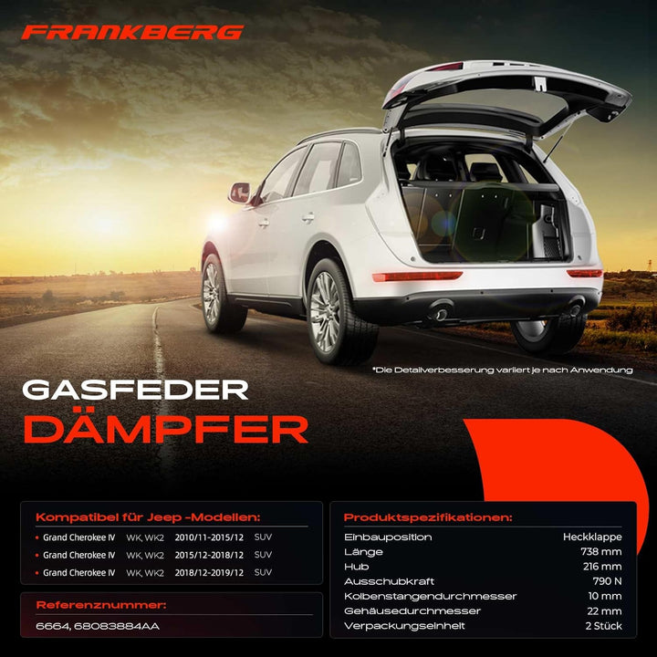 Frankberg 2x Gasfeder Dämpfer Heckklappe Kompatibel mit Grand Cherokee IV WK WK2 3.0L 3.6L 5.7L 6.2L