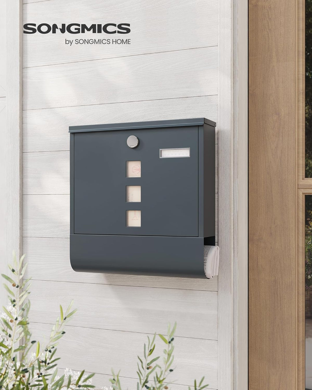 SONGMICS Wandbriefkasten, mit Schloss mit Drehdeckel, Sichtfenster, Namensschild, Zeitungsfach, einf