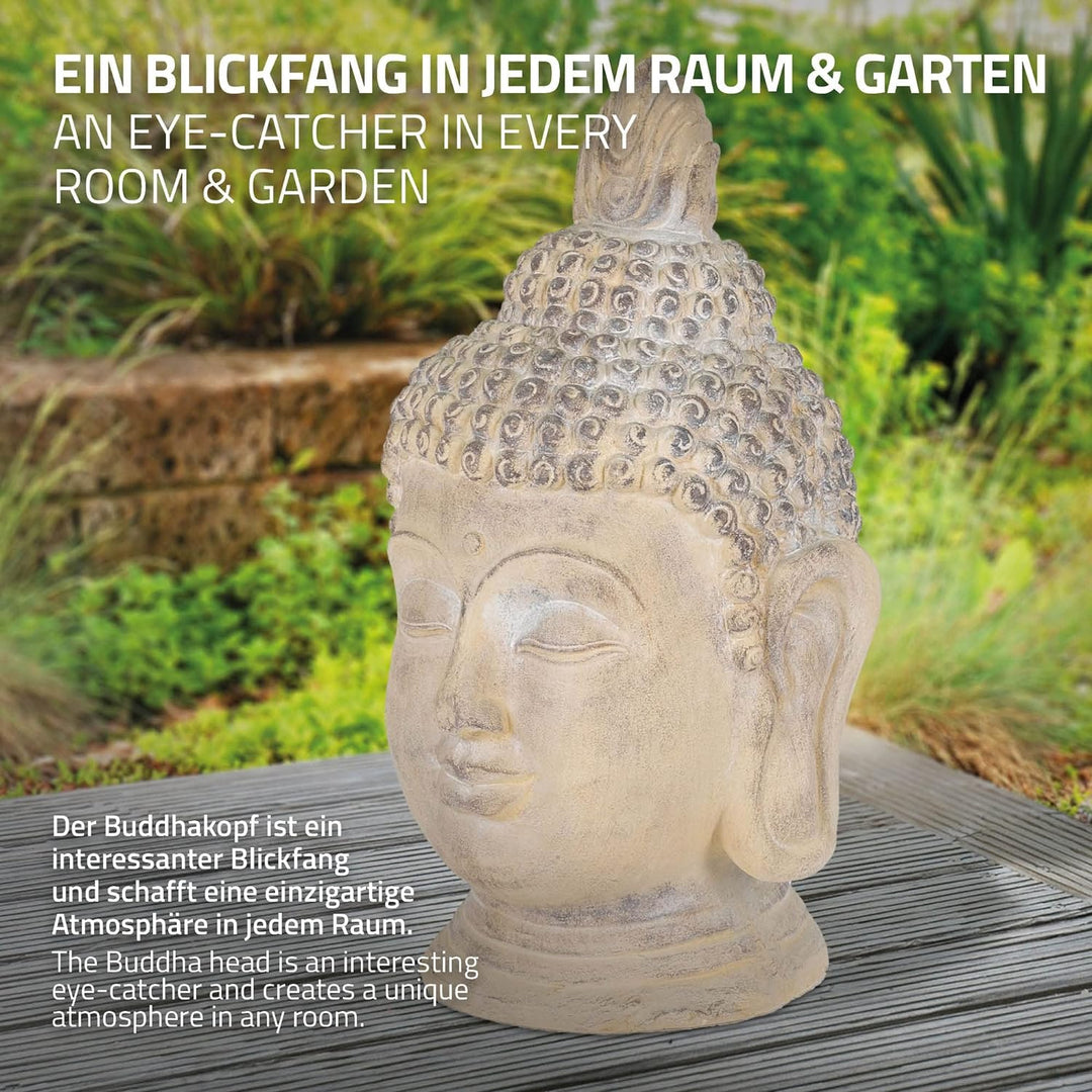 ECD Germany Buddha Figur 55 cm Beige/Grau, Kunststein Polyresin, Kopf Statue Skulptur Dekofigur Feng