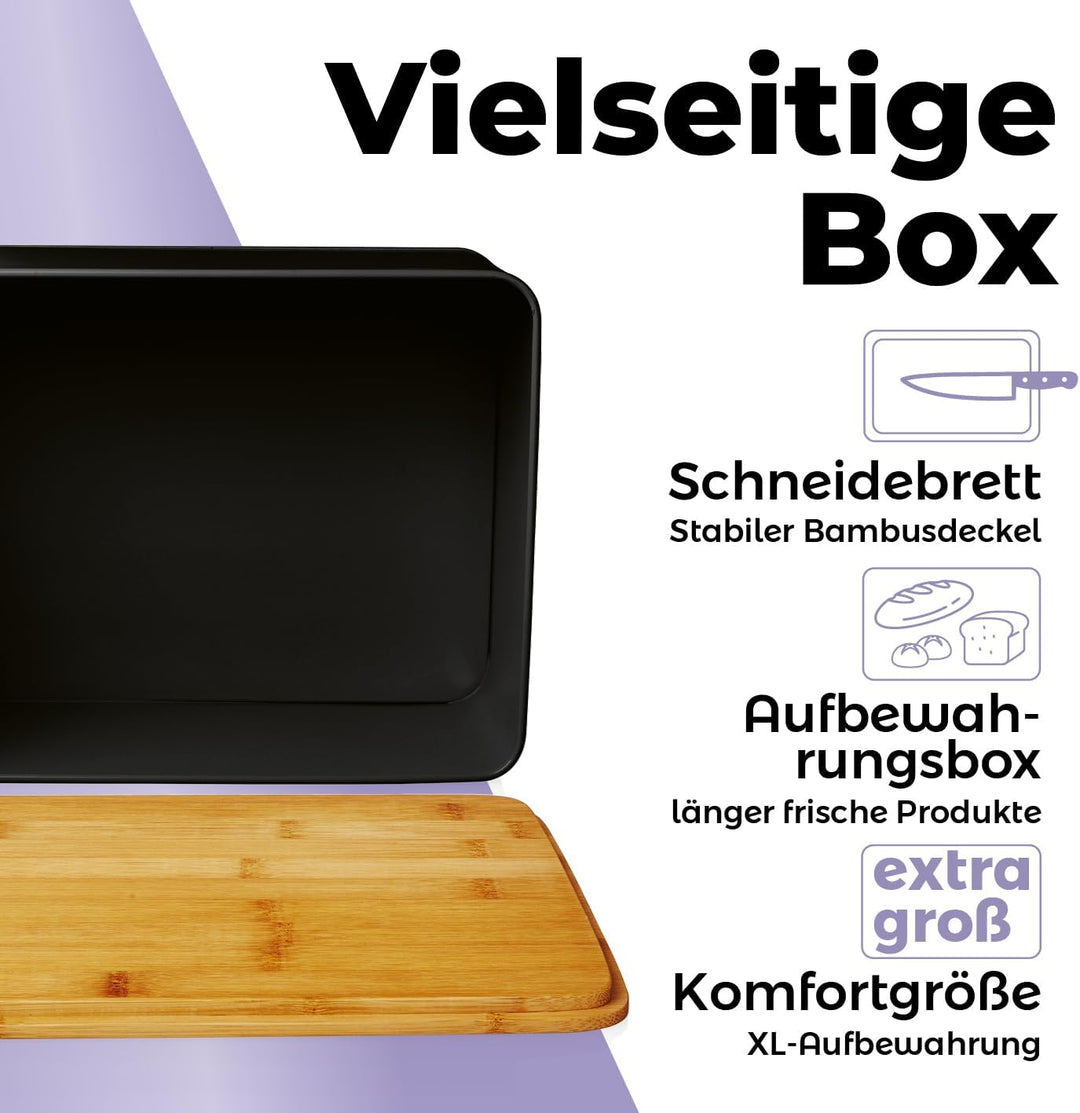 Lumaland Cuisine Brotkasten | Brotdose aus Metall mit Bambus Deckel | Brotbox rechteckig 30,5 x 23,5