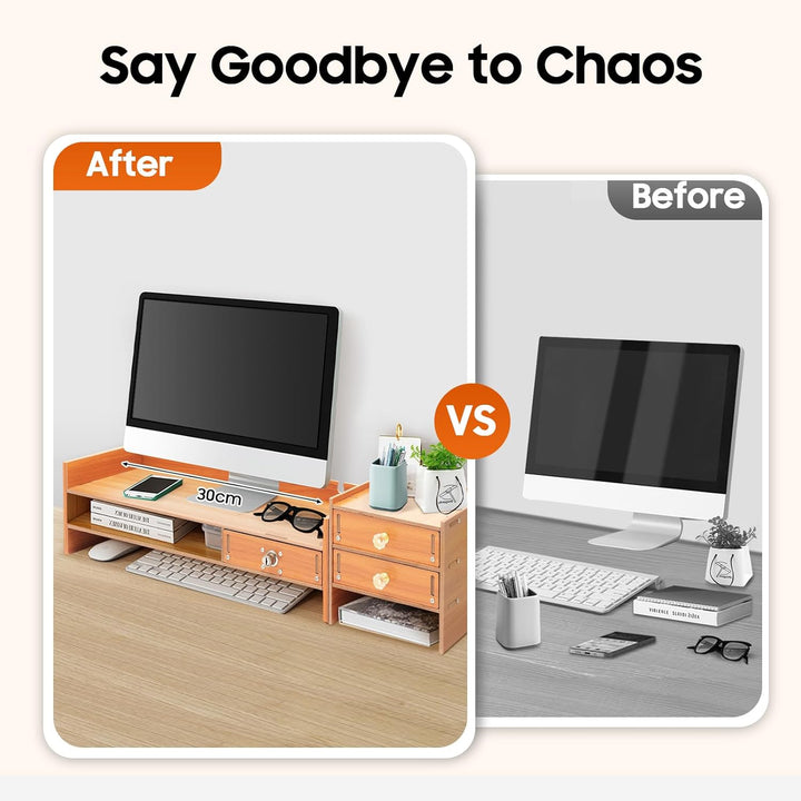 PC-Monitorerhöhung, Desktop-Ständer, aus Holz, Desktop-Monitor-Halterung, mit 3 Schubladen, davon 1