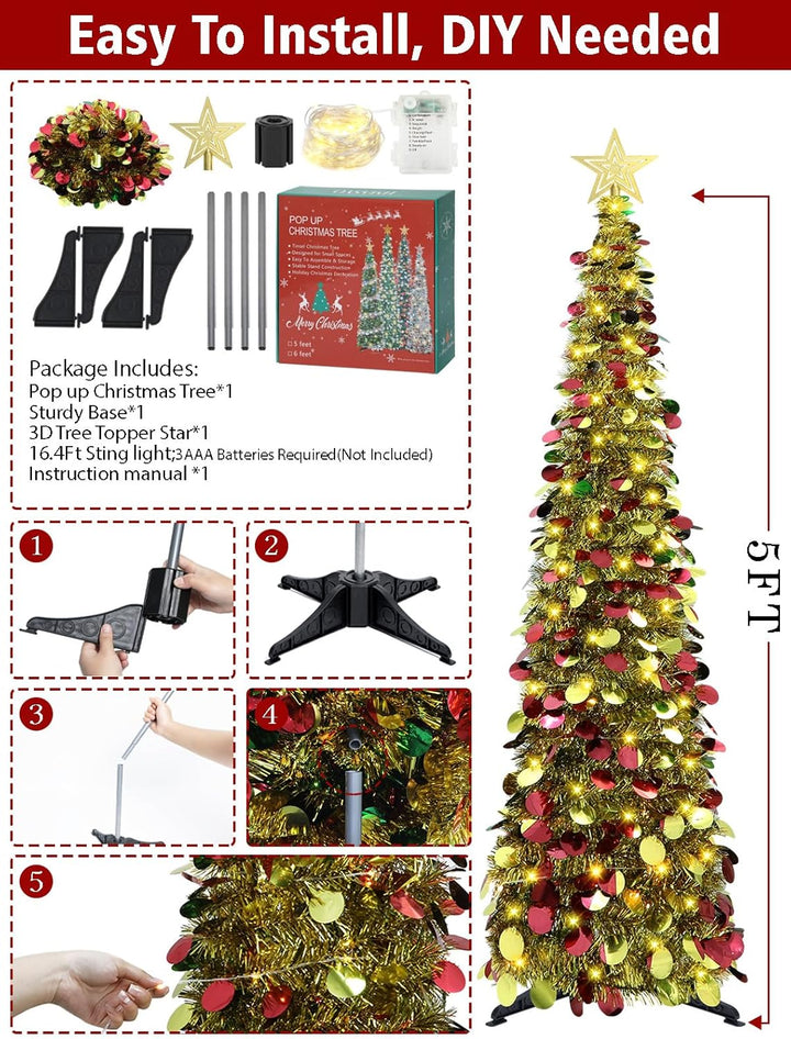 HMASYO 150 cm Pop-Up Lametta Weihnachtsbaum mit 50 Timer-Lichtern, Buntes Gold Zusammenklappbarer Kü