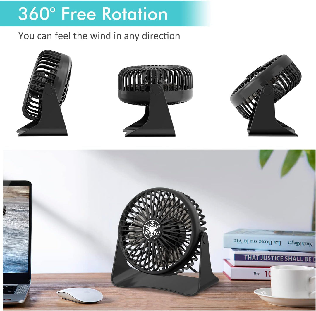 OUILA Mini Leise Ventilator, 3 Geschwindigkeitsstufen Tischventilator mit 1.2m USB Kable, 360°Drehei