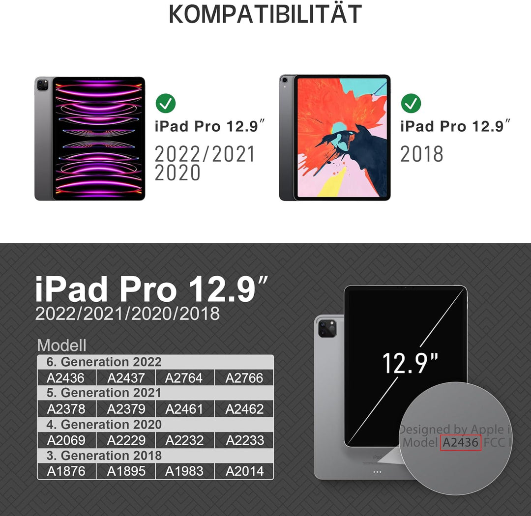 KingBlanc Hülle für iPad Pro 12,9 Zoll 2022 6. Generation 2021/2020/2018 (5./4./3. Gen) mit Stifthal