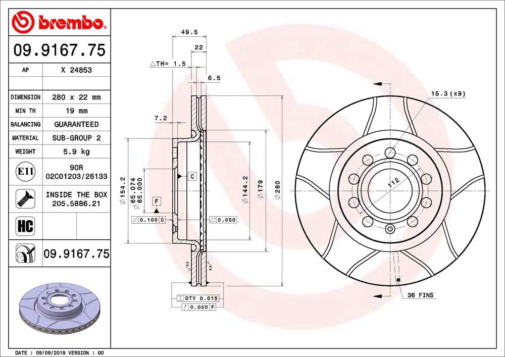 Brembo 09.9167.75 Vordere Bremsscheibe, Anzahl 2