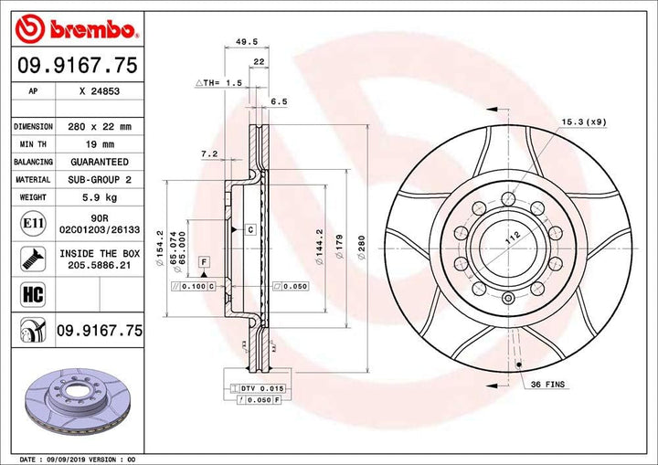 Brembo 09.9167.75 Vordere Bremsscheibe, Anzahl 2
