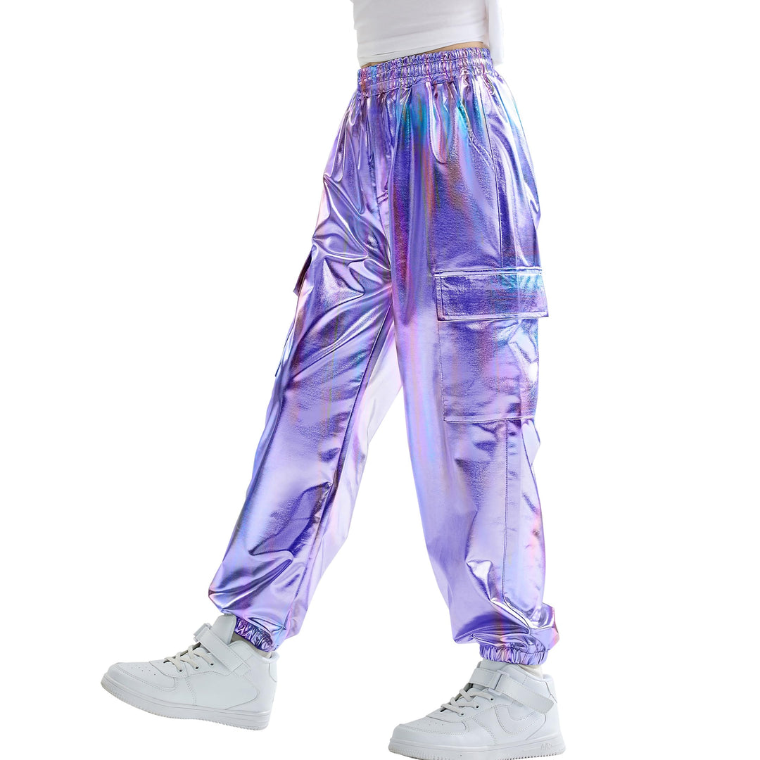 Rolanko Cargo Hosen für Mädchen, Metallische Tanz Hip Hop Hosen für Kinder Mit Elastischem Bund, Ret