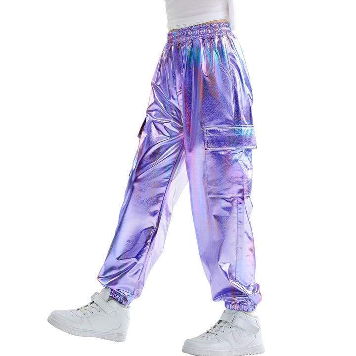 Rolanko Cargo Hosen für Mädchen, Metallische Tanz Hip Hop Hosen für Kinder Mit Elastischem Bund, Ret