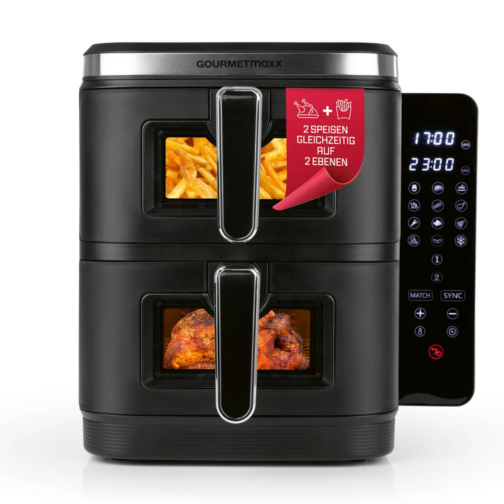 GOURMETmaxx FryUp Vertikale Doppelkammer Heissluftfritteuse XXL | Airfryer mit Sichtfenstern & Klapp