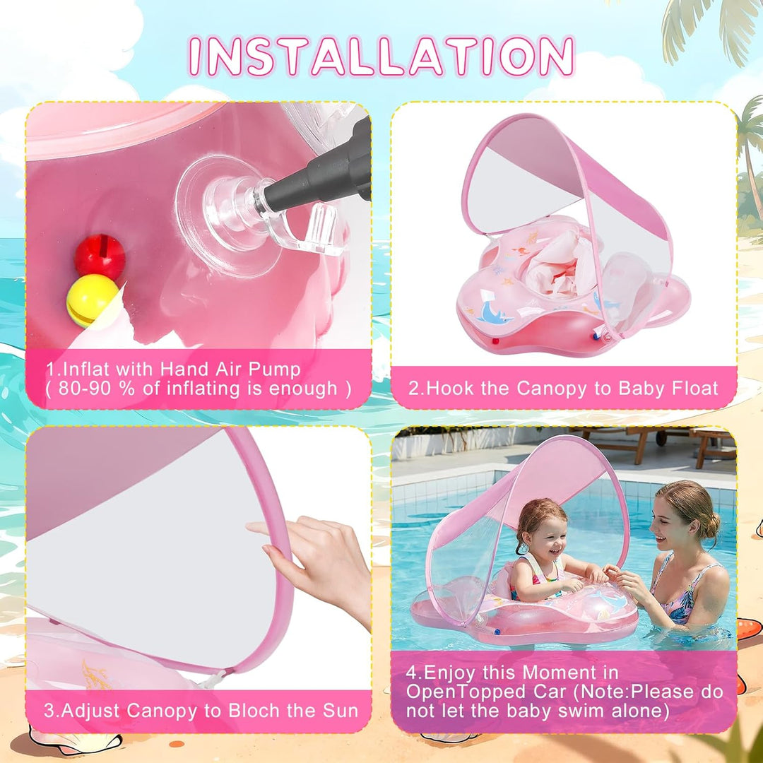 Baby Schwimmring mit abnehmbarem Sonnenschutz und Glöckchen, inklusive 1 x Handpumpe und 2 x Reparat