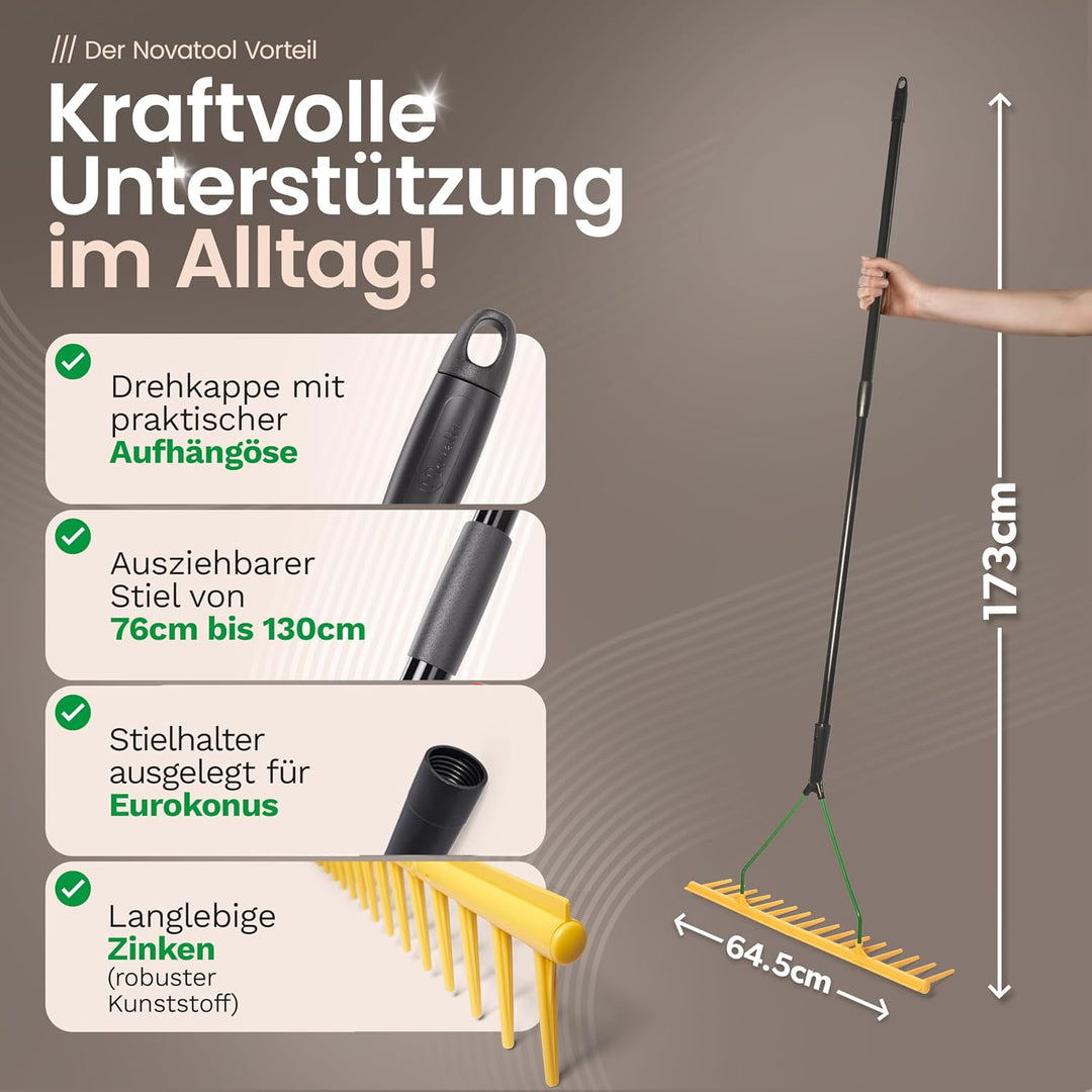 Novatool 2er Set Gartenrechen mit Abziehkante, 16 Zinken und Teleskop-Stiel bis 152cm, Arbeitsbreite