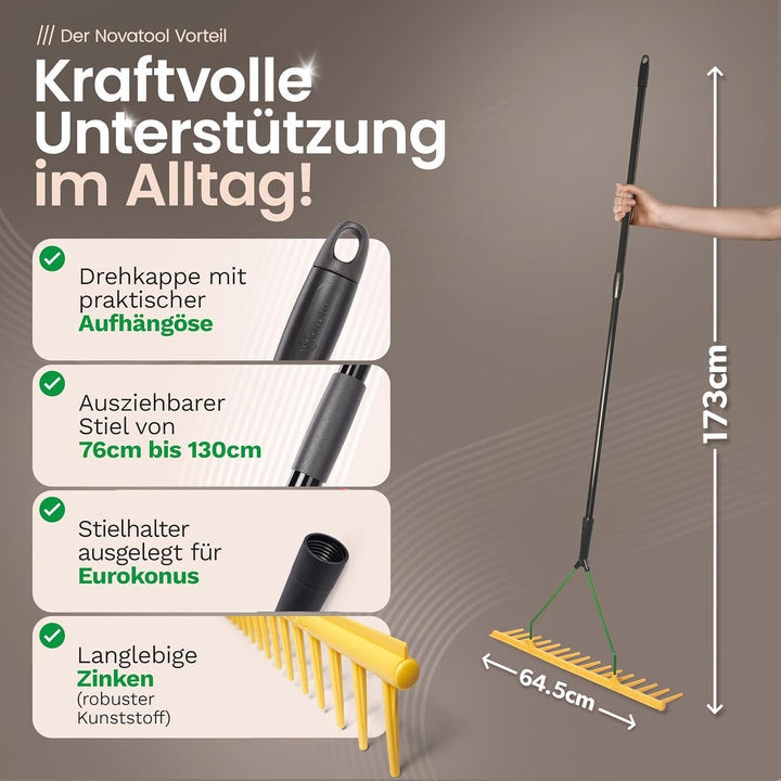 Novatool 2er Set Gartenrechen mit Abziehkante, 16 Zinken und Teleskop-Stiel bis 152cm, Arbeitsbreite