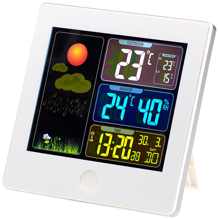 infactory Tischuhren: Funk-Wetterstation mit Aussensensor, Farbdisplay, Funkuhr, Wecker, weiss (Funk