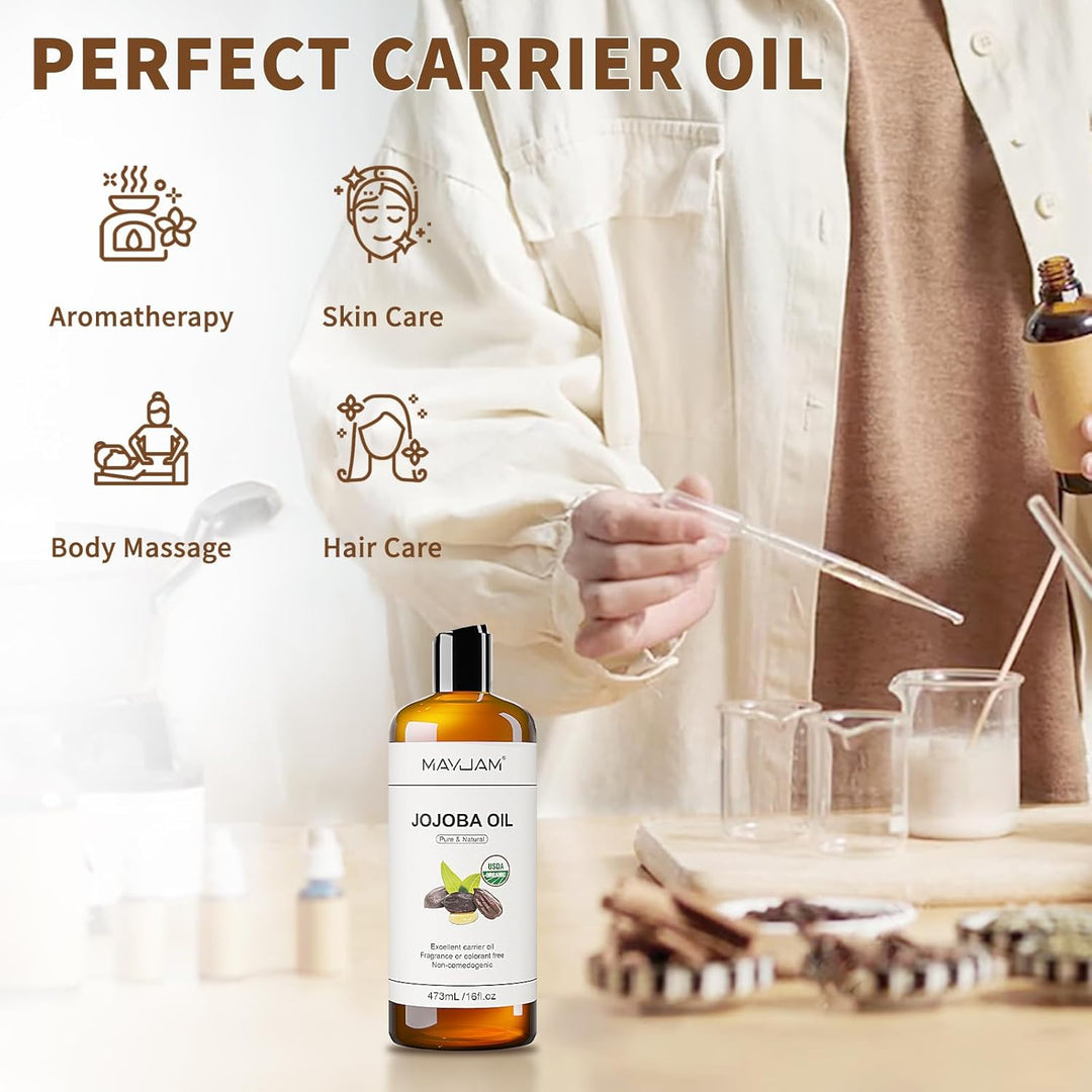 MAYJAM Jojobaöl Bio 473ML, Körperöl für Für Gesicht, Haut, Haare, Haaröl Jojobaöl Kaltgepresst Reine