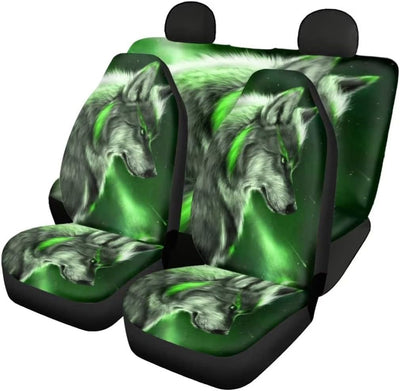 chaqlin Galaxy Green Wolf Auto Sitzbezug Set,4 Pcs Universal Auto Vordersitzbezüge Tier Wolf Hinter