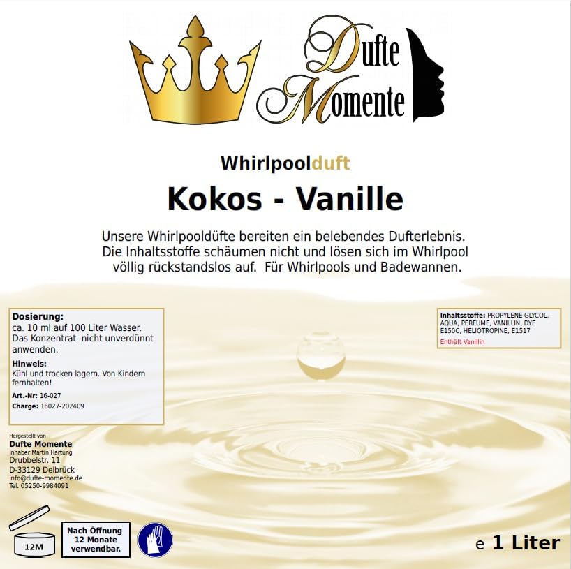 Dufte Momente Whirlpool Duft Kokos-Vanille – 1 Liter – exotisch & cremig – schaumfrei für Whirlpool