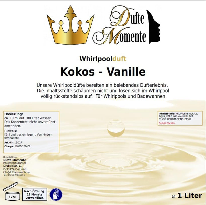 Dufte Momente Whirlpool Duft Kokos-Vanille – 1 Liter – exotisch & cremig – schaumfrei für Whirlpool