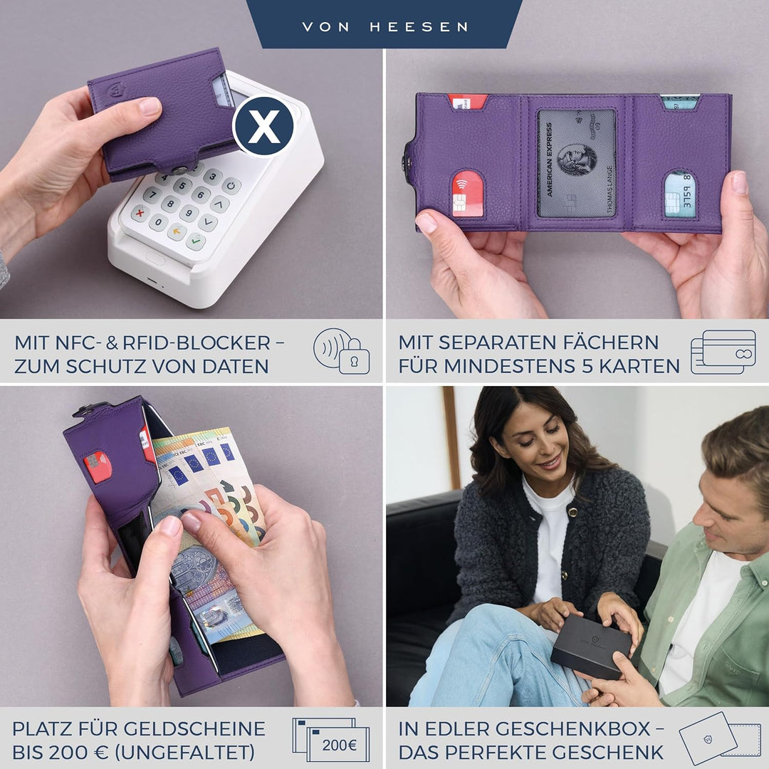 VON HEESEN Slim Wallet mit XXL Münzfach & RFID-Schutz - Leder Geldbeutel - Mini Geldbörse für Herren