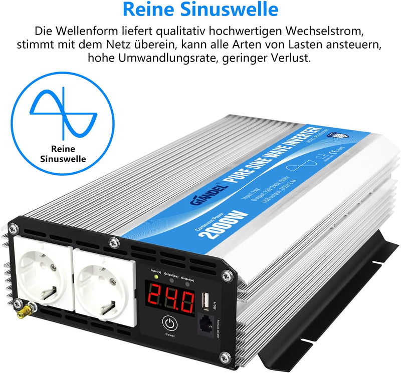 Wechselrichter 24V auf 230V Reiner Sinus 2000W Spannungswandler Umwandler-Inverter mit Zwei EU-Steck