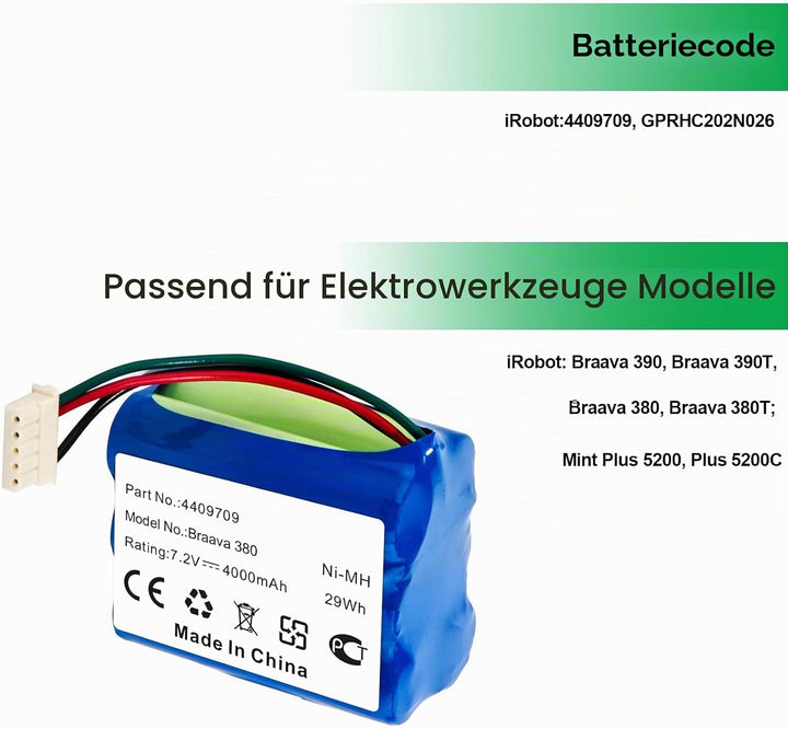 7.2 V 4000mAh 4409709 NI-MH Akku für iRobot Braava 390T, 380T, 380, Mint Plus 5200, 5200B, 5200C Sta