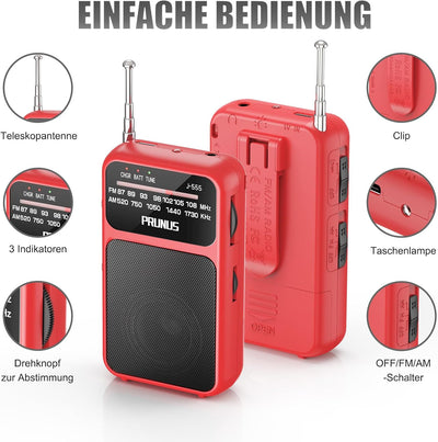 PRUNUS J-555 AM/FM/UKW Radio Klein, Kleines Radio mit Akku, USB-C-Laden, Mini Radio Batteriebetriebe
