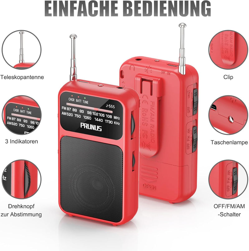 PRUNUS J-555 AM/FM/UKW Radio Klein, Kleines Radio mit Akku, USB-C-Laden, Mini Radio Batteriebetriebe