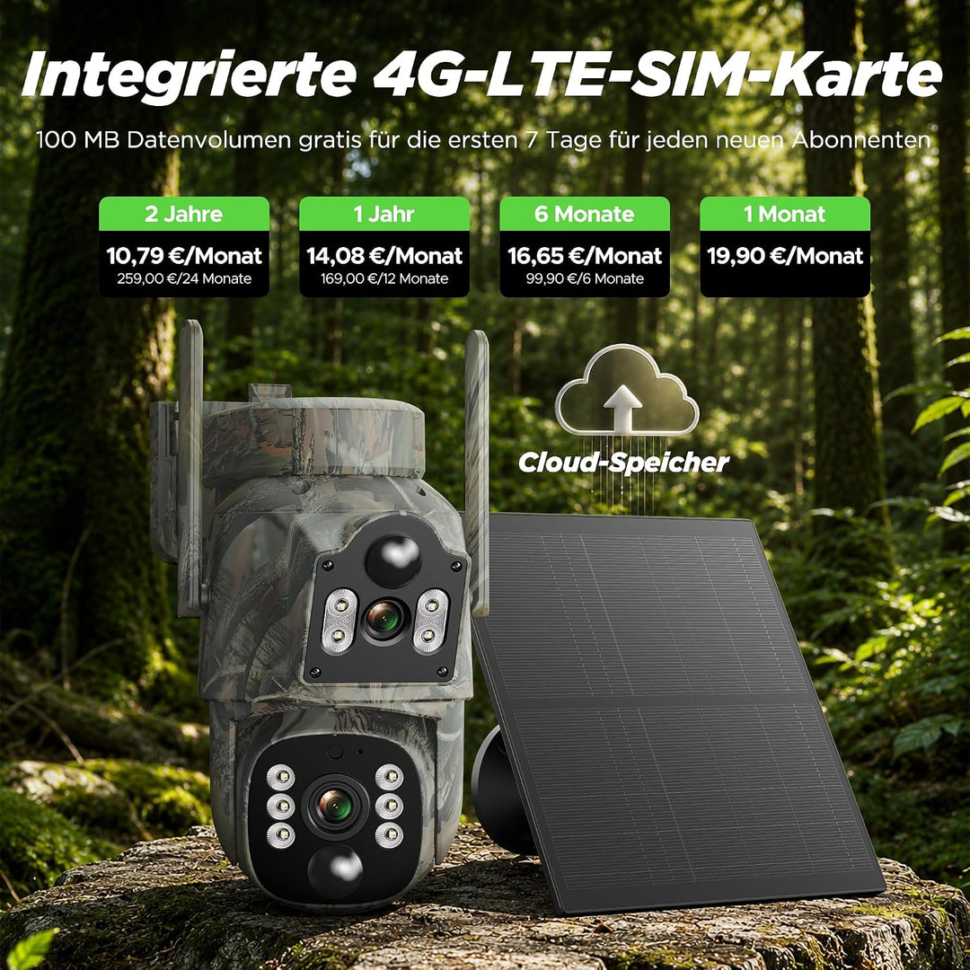 VOOPEAK 4G LTE Wildkamera mit SIM Karte, Dual-Objektiv Wildtierkamera mit 360° Live-Übertragung, 2K