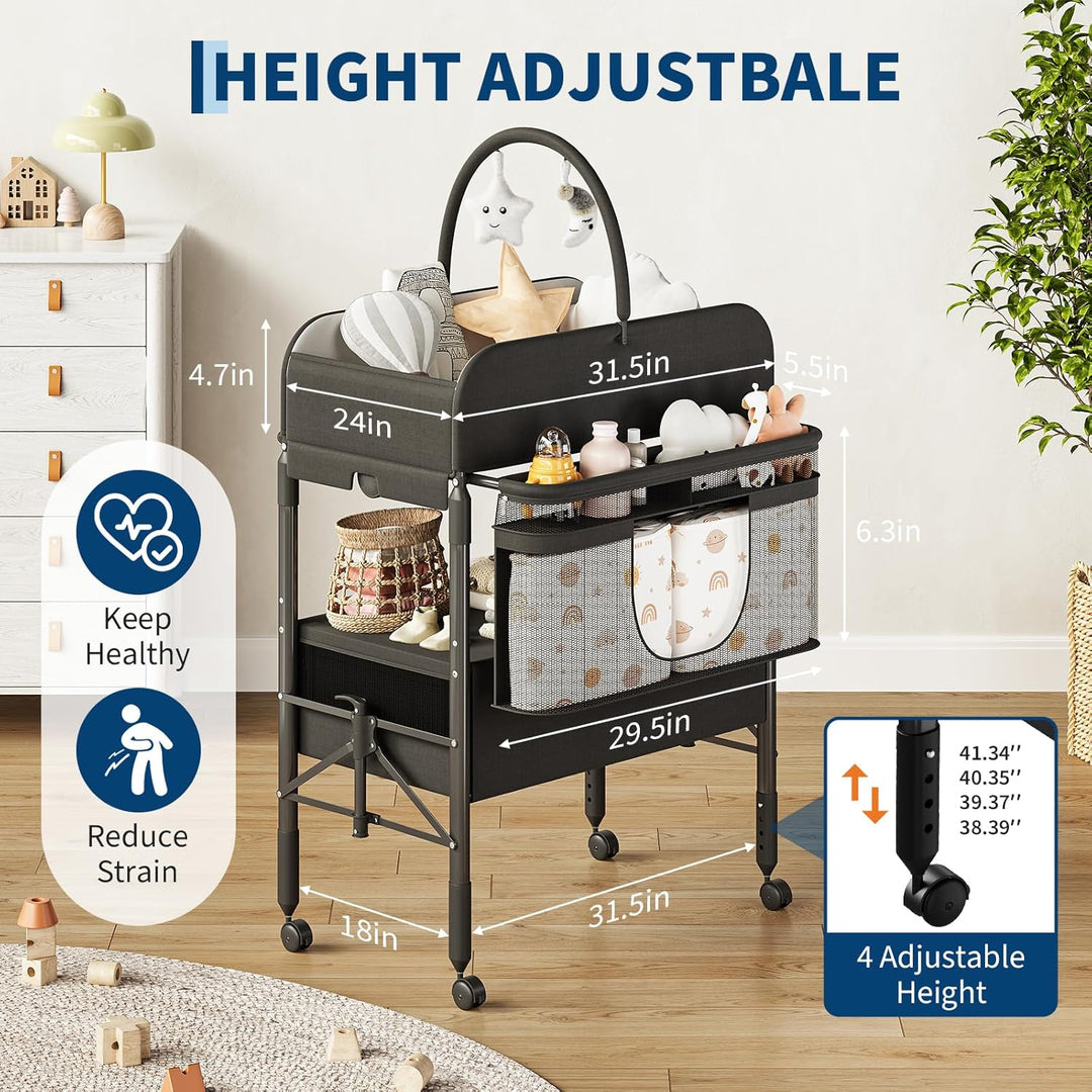 Wickeltisch Klappbar Mit 2 Schubladen, Höhenverstellbar, Wasserdichte Matte, Platzsparende Wickelkom