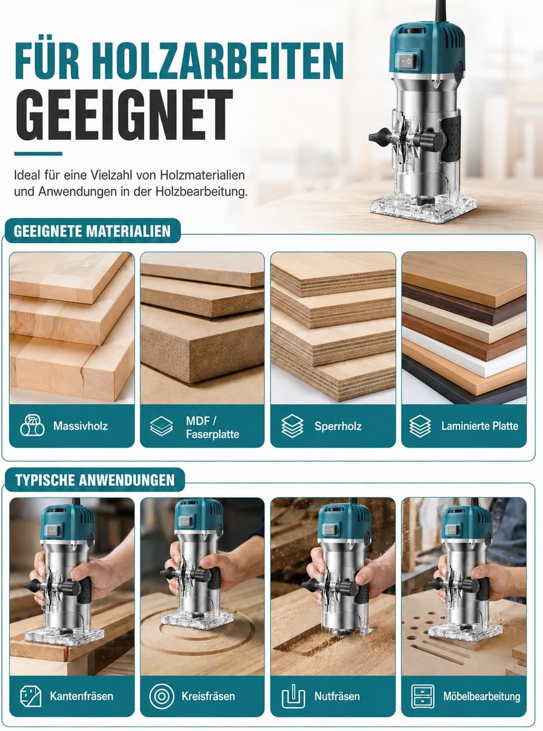 Holzfräse Oberfräse, 800W 30000 U/min Elektrik Kantenfräse mit 15 Pcs 1/4" Fräsen Cuter, 6 Variable