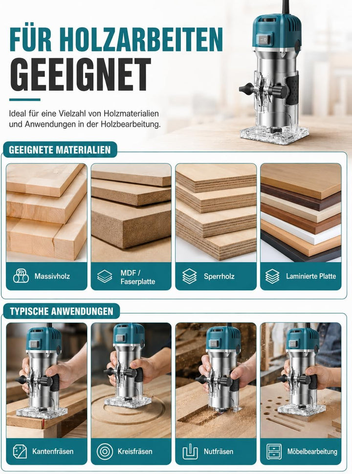 Holzfräse Oberfräse, 800W 30000 U/min Elektrik Kantenfräse mit 15 Pcs 1/4" Fräsen Cuter, 6 Variable