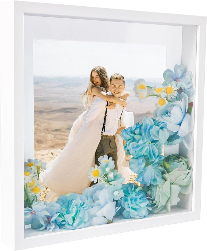 GraduationMall Weiss 28x28cm 3D Bilderrahmen Tief Objektrahmen mit Glas zum Befüllen für Bilder Bouq