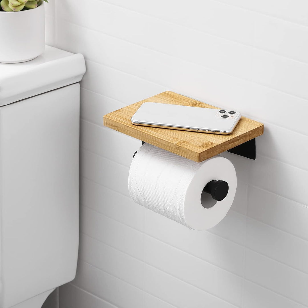 KES Toilettenpapierhalter ohne Bohren mit Bambus-Ablage Klopapierhalter Schwarz Klorollenhalter WC P