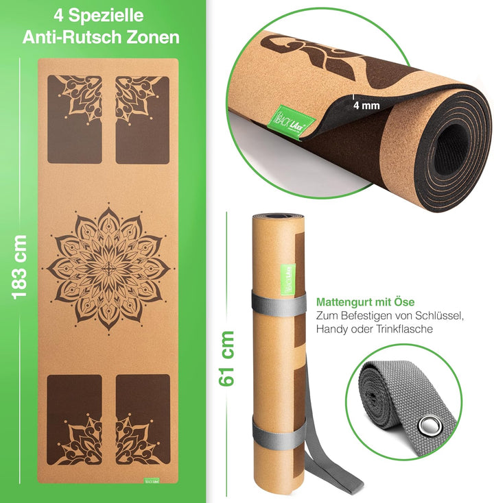 BACKLAXX ® Yogamatte Kork mit Naturkautschuk - FAZ Testsieger 02/2026 - Yoga Matte nachhaltig, schad