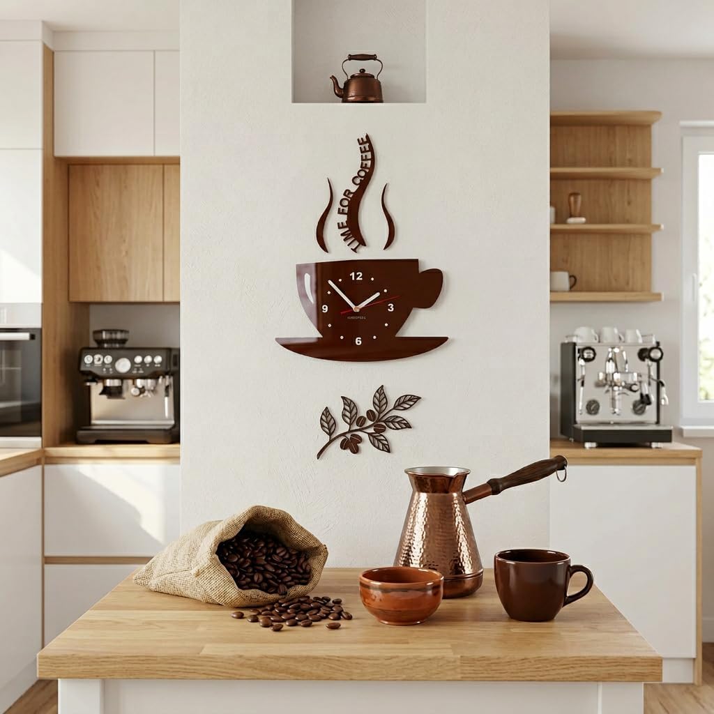 TASSE Time for Coffee (Zeit für Kaffee) Moderne Küche Wanduhr, Braun, 3d römisch, wanduhr deko, Brau