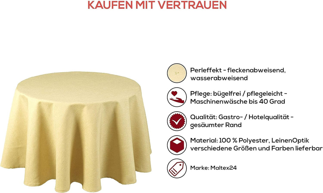 Textil Tischdecke - Leinen Optik - wasserabweisend Rund (Ecru, 140 cm) Ecru 140 cm, Ecru 140 cm