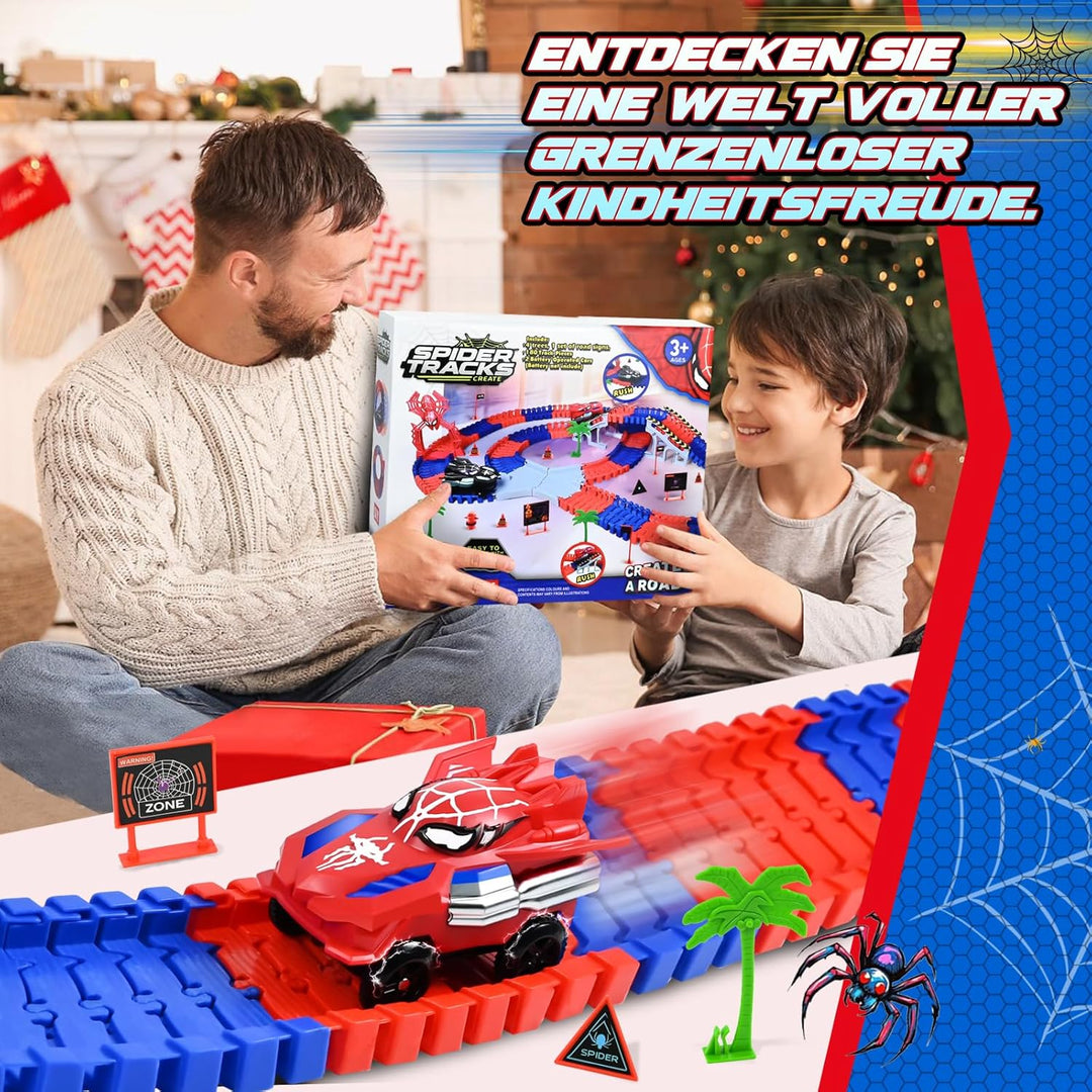 PATEMZON Autorennbahn Spielzeug, Spide Triebwagen, Autobahn Spielzeug mit 2 Autos, 208 PCS Flexibel